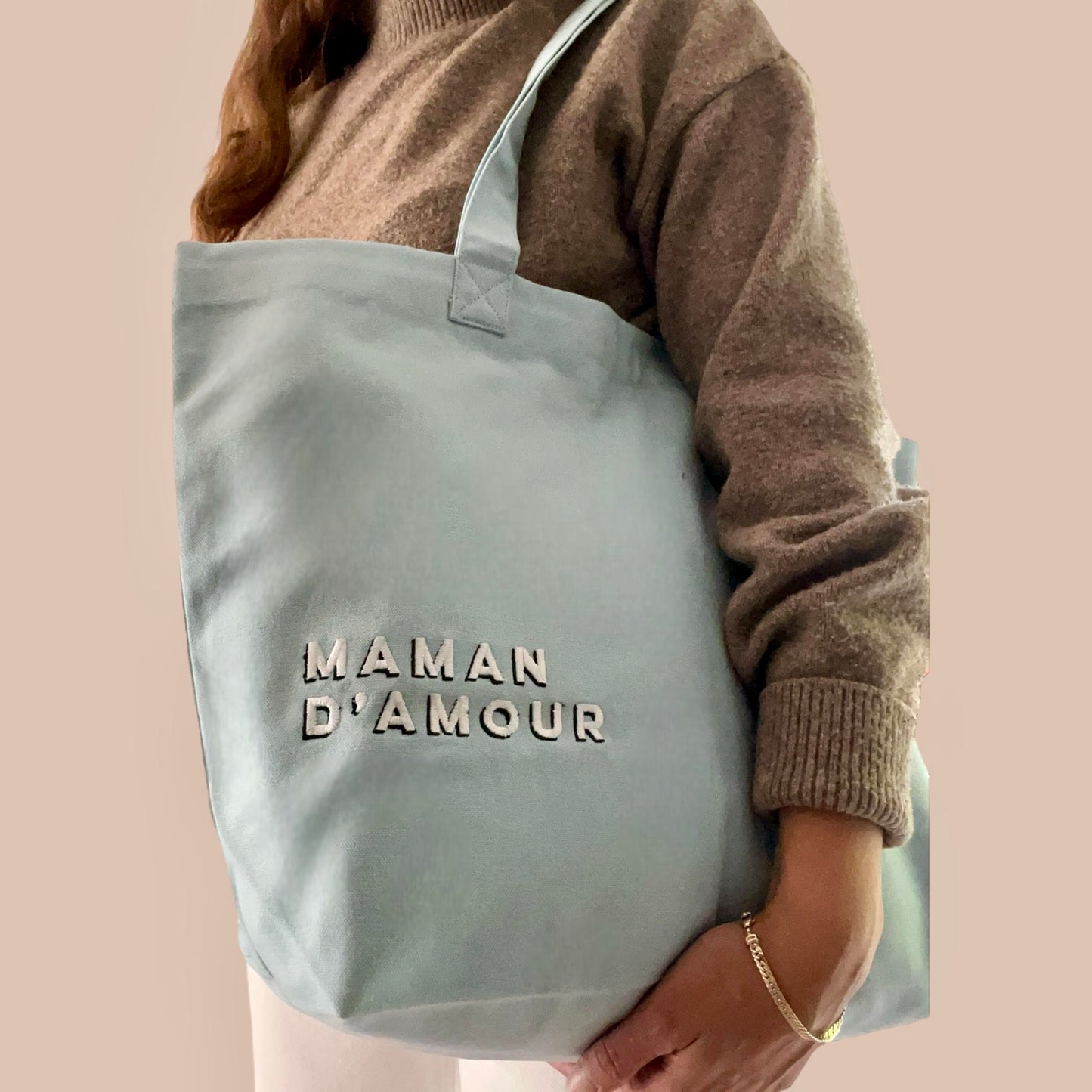 Sac shopping brodé MAMAN D’AMOUR bleu ciel