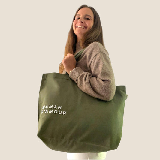 Sac shopping brodé MAMAN D’AMOUR olive