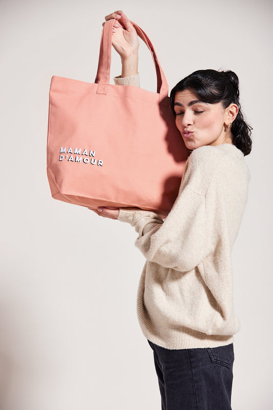 Sac shopping brodé MAMAN D’AMOUR rose