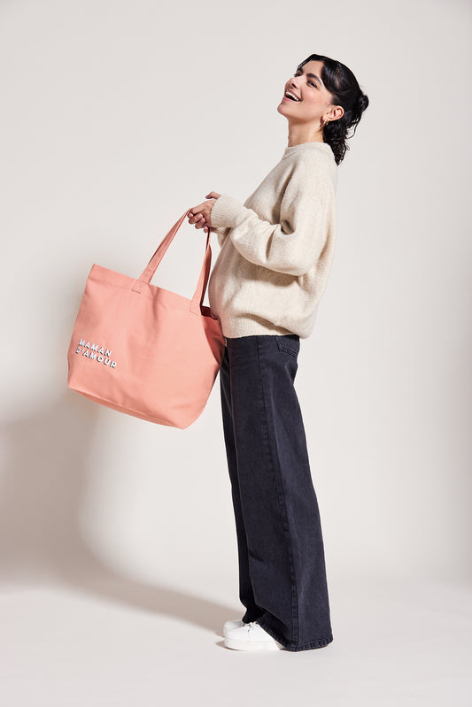 Sac shopping brodé MAMAN D’AMOUR rose