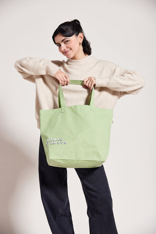 Sac shopping brodé MAMAN D’AMOUR vert d'eau
