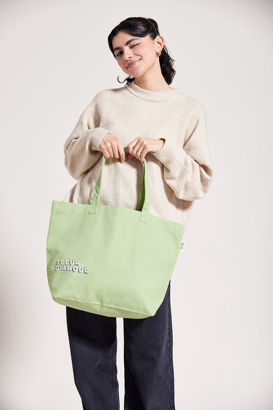 Sac shopping brodé SOEUR D’AMOUR vert d'eau