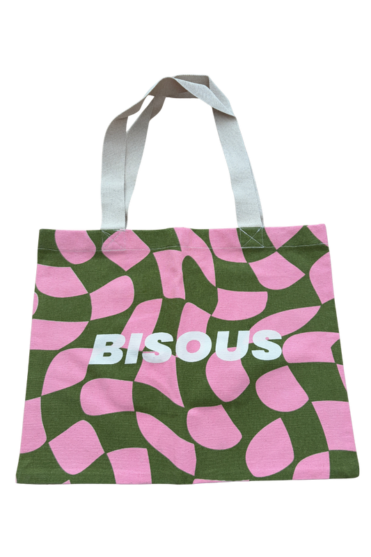 Tote bag vert et rose 'Bisous' motif Damier - PROTOTYPE