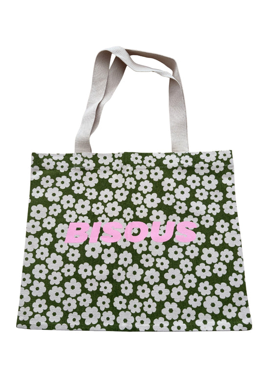 Tote bag vert et rose 'Bisous' motif fleurs  - PROTOTYPE