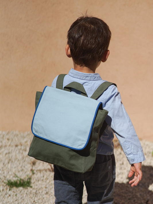 SAC A DOS ENFANT RECTANGLE BLEU CIEL / VERT OLIVE