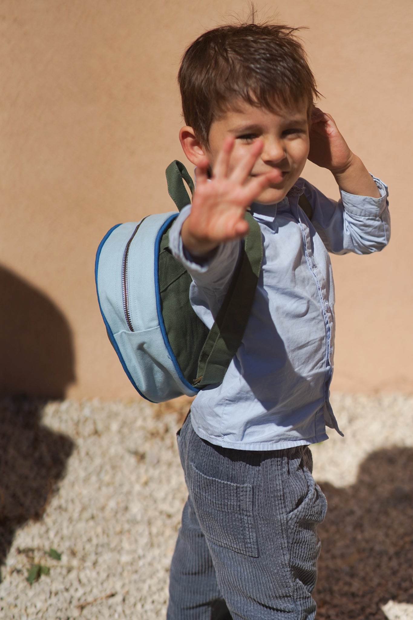 SAC A DOS ENFANT ROND BLEU CIEL / VERT OLIVE