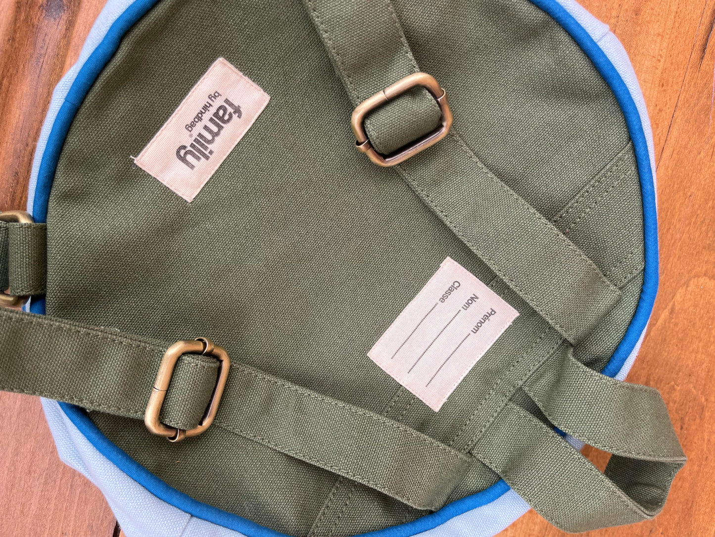 SAC A DOS ENFANT ROND BLEU CIEL / VERT OLIVE