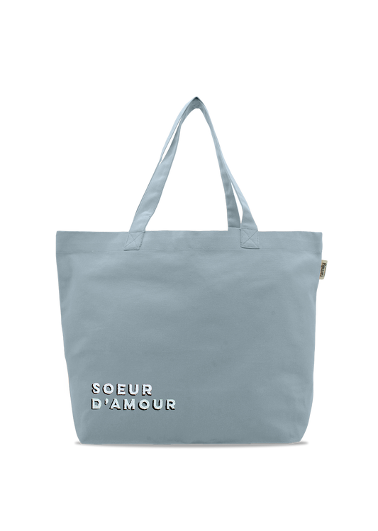 Sac shopping brodé SOEUR D’AMOUR bleu ciel