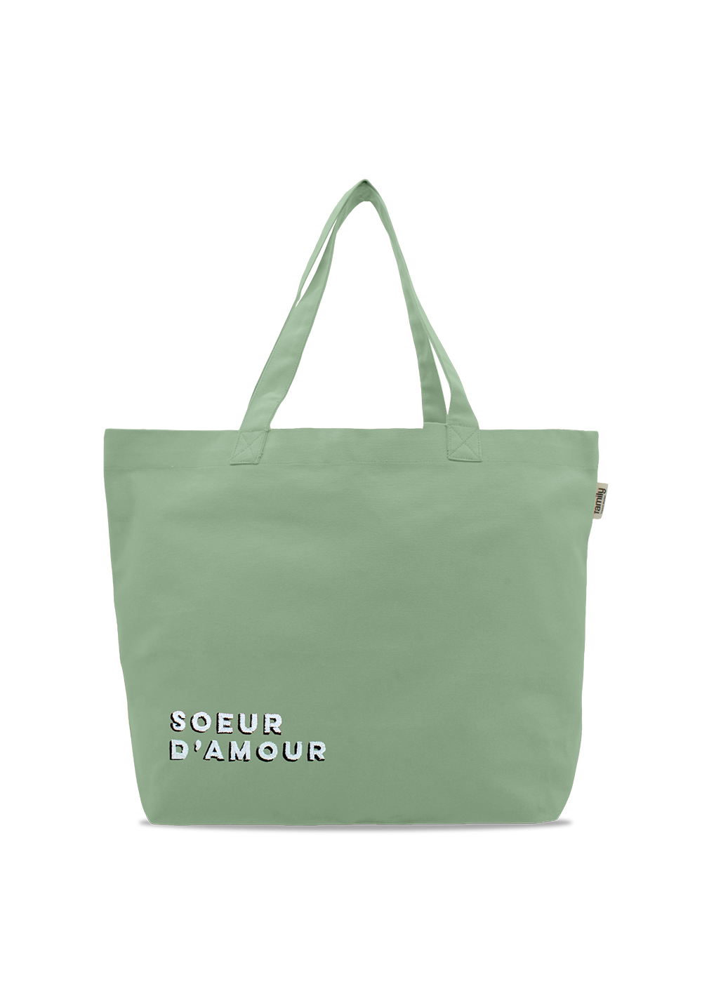 Sac shopping brodé SOEUR D’AMOUR vert d'eau