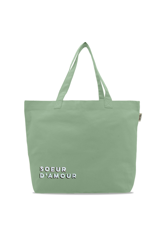 Sac shopping brodé SOEUR D’AMOUR vert d'eau